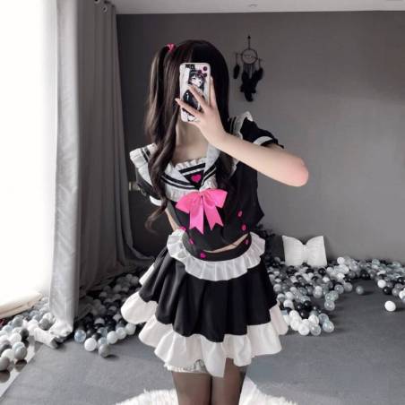 Disfraz Uniforme Anime Gasa Cosplay traje de tentación Sexy con cordones vestido de sirvienta blanco y negro