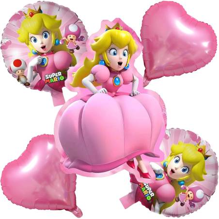 Set 5 Globos Metálico Serie Princesa Peach Mario Fiesta y Decoración
