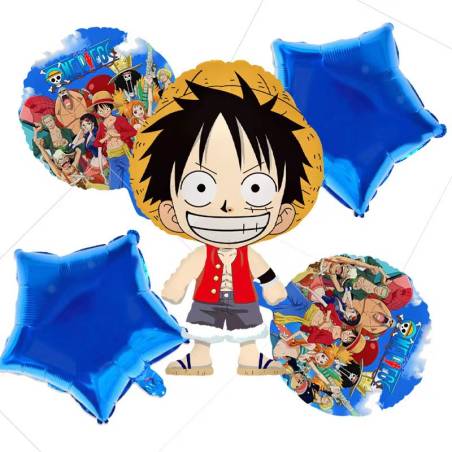 Set 5 Globos Metálico One Piece Luffy Azul Fiesta y Decoración