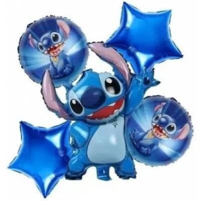 Juego 5 Globos Metálico Stitch Azul Sentado Fiesta Modelo 1