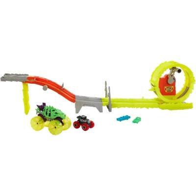 Pista Hot Wheels Monster Trucks 2 Camiones Juguete Skelesaurus Gran tamaño y Agitador de Huesos