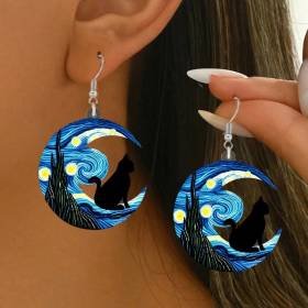 Aretes Pendientes Acrílico Noche Estrellada Gato Mujer Elegante Moda Fiesta Regalo