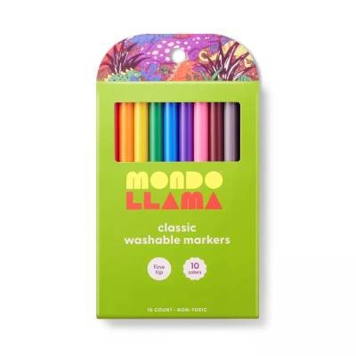 Paquete 10 Marcadores Lavables de Punta Fina Colores Clásicos Mondo Llama