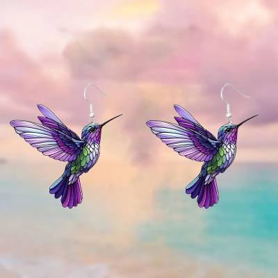 Aretes Pendientes Animal Colibrí Morado Mujer Elegante Moda Fiesta Regalo